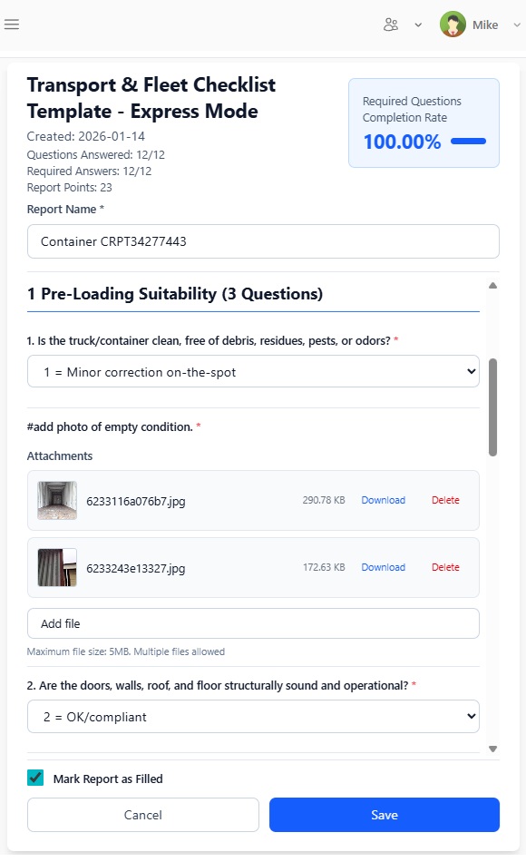 Inspection evidence upload screen